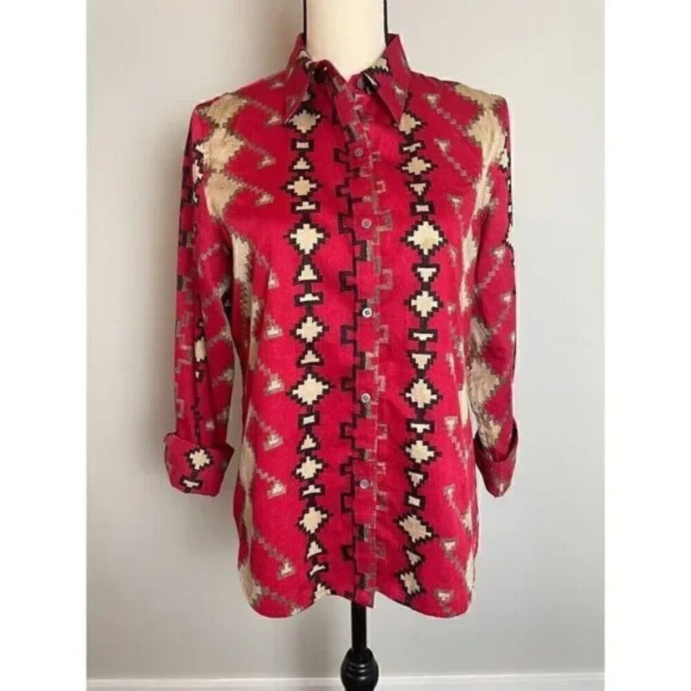 Ralph Lauren Southwestern Cotton Shirt, Red, Large Petite